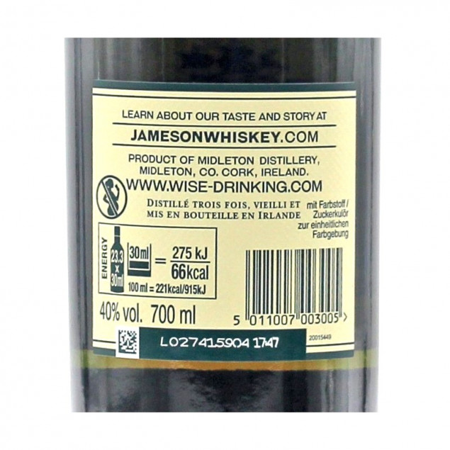 Jameson Triple Distilled Irish Whiskey 0,7 L 40% vol