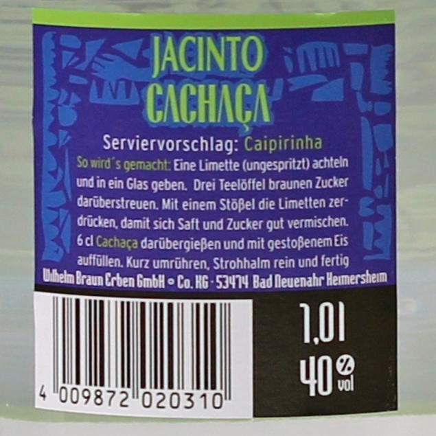 Jacinto Cachaca 1 Liter 40% vol