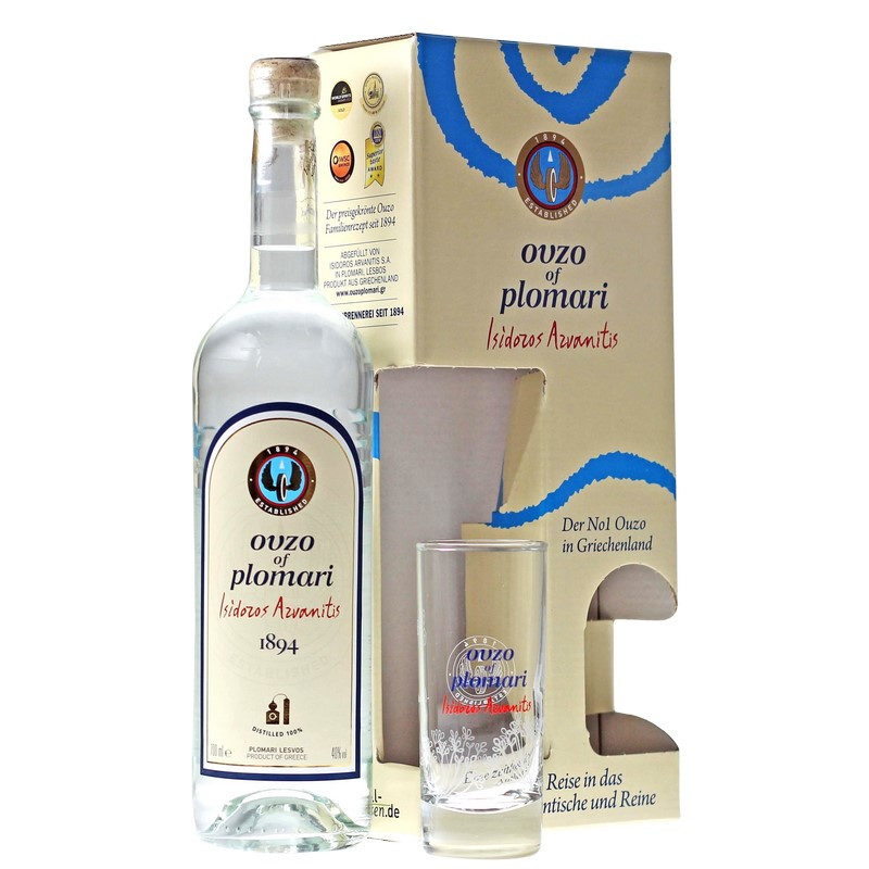 Ouzo Plomari Geschenkset mit Glas vol L kaufen 0,7 % 40